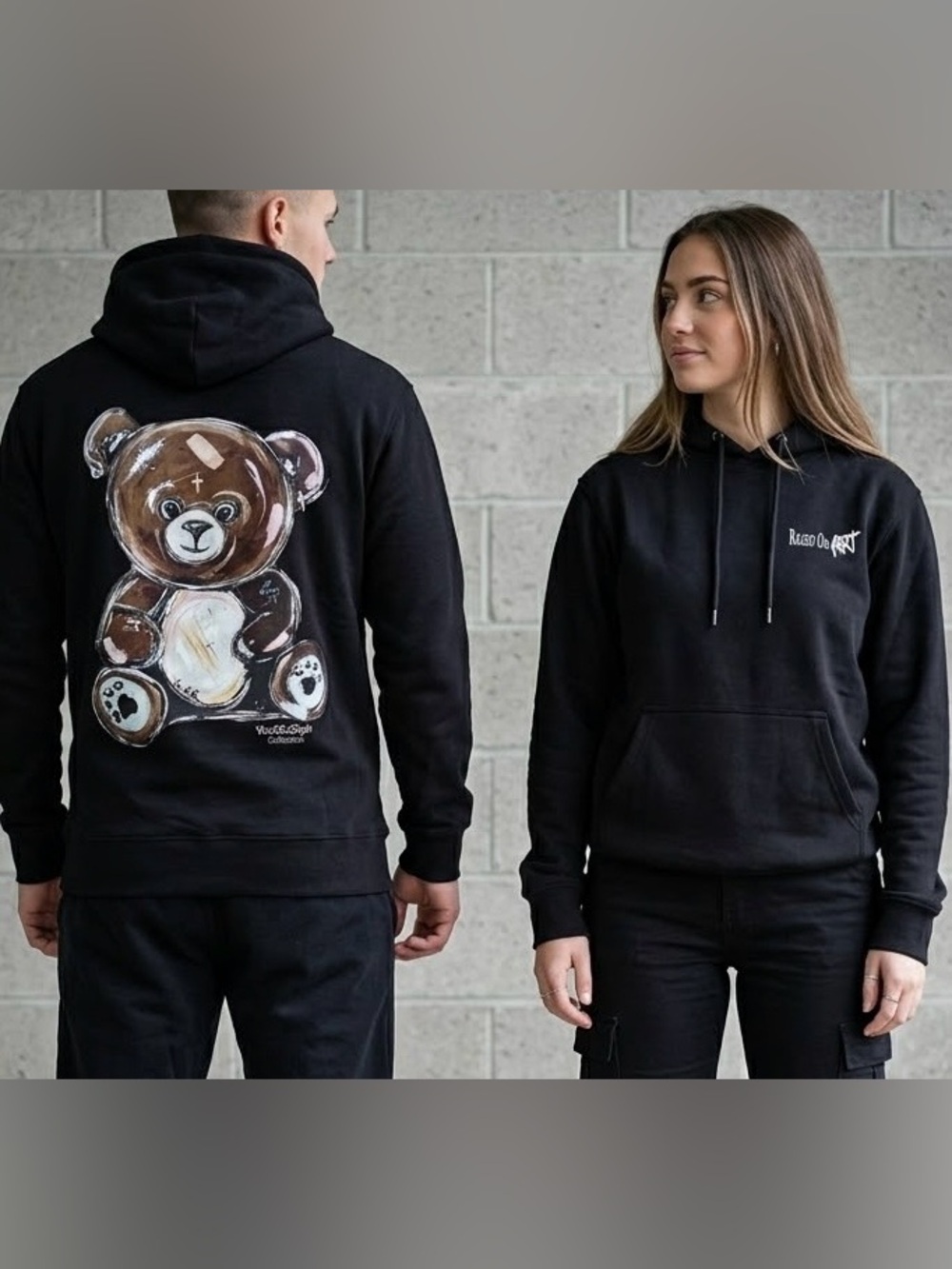 Based On Art Teddy Bear Graphic Hoodie Black Unisex Medium